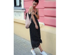 Women's Beach Boho Loose Dress,Polka Dot Strap Maxi Sleeveless Black Rayon Summer Low Rise Inelastic Opaque