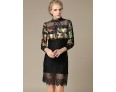 Women's Print Black DressVintageSexy Stand Long Sleeve