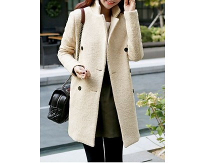 Women's Casual/Daily Simple Coat,Solid Notch Lapel Long Sleeve Fall Beige Wool Medium