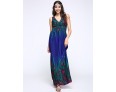 Women's Print Blue/Orange/Purple Dress,Maxi Deep V Sleeveless 