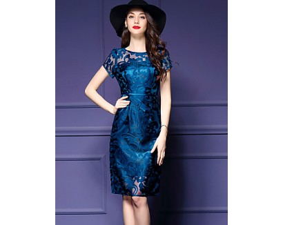 Women's Vintage Print Plus Size / Sheath Dress,Round Neck Knee-length Polyester