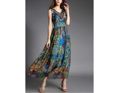 Going out Street chic Sheath Dress,Print V Neck Maxi Sleeveless Blue Silk Summer High Rise