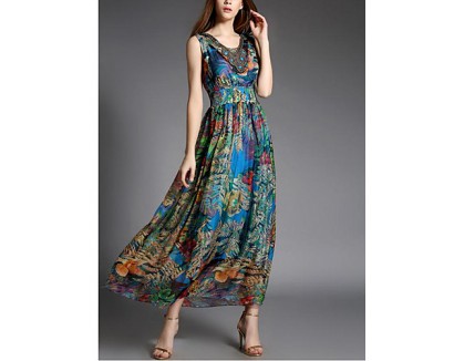 Going out Street chic Sheath Dress,Print V Neck Maxi Sleeveless Blue Silk Summer High Rise