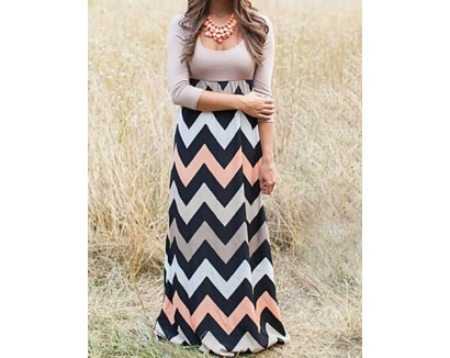 Women's Beach Loose Dress,Striped / Print Round Neck Maxi Long Sleeve Gray / Green Cotton Fall