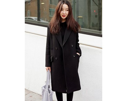 Women's Casual/Daily Simple Coat,Solid Notch Lapel Long Sleeve Winter Black Polyester Medium