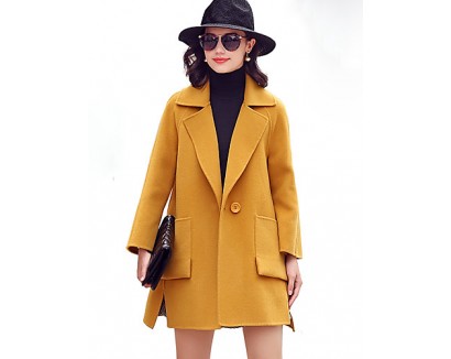 Women's Going out Street chic CoatSolid Notch Lapel Long Sleeve Fall / Winter Blue / Yellow Wool / Polyester Thick