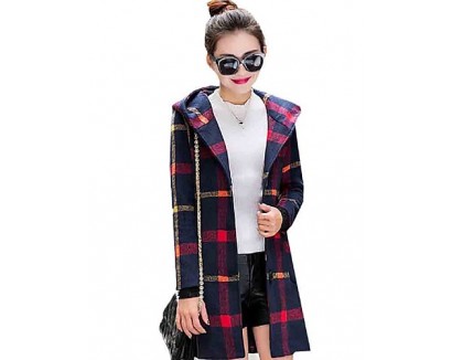 Women's Going out Cute Preppy Style Coat,Plaid Hooded Long Sleeve Winter Blue