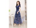 Women's Casual/Daily / Plus Size Vintage Swing Dress,Floral Boat Neck Maxi Short Sleeve Blue Silk Summer High Rise Micro-elastic Thin