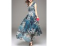 Going out Simple Sheath Dress,Print V Neck Maxi Sleeveless Blue / Red Polyester Summer Mid Rise