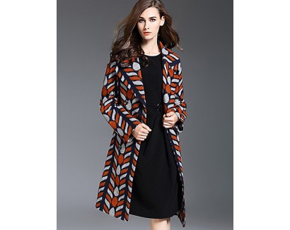 Women's Plus Size / Casual/Daily Simple Trench Coat,Color Block Notch Lapel Long Sleeve Fall / Winter Orange Wool / Acrylic / Polyester