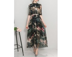 Women's Going out Vintage Swing Dress,Print Stand Maxi ? Sleeve Multi-color Polyester Summer