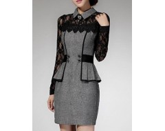 Women's Patchwork Red / Gray Lace Hin Thin Slim Temperament Dress , Work / Plus Sizes Shirt Collar Long Sleeve