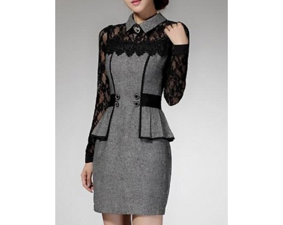 Women's Patchwork Red / Gray Lace Hin Thin Slim Temperament Dress , Work / Plus Sizes Shirt Collar Long Sleeve