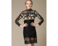 Women's Print Black DressVintageSexy Stand Long Sleeve