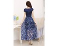 Women's Casual/Daily / Plus Size Vintage Swing Dress,Floral Boat Neck Maxi Short Sleeve Blue Silk Summer High Rise Micro-elastic Thin