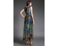 Going out Street chic Sheath Dress,Print V Neck Maxi Sleeveless Blue Silk Summer High Rise