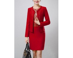 Women's Party/Cocktail / Plus Size Simple Sheath Dress,Jacquard Round Neck Above Knee Long Sleeve Red Polyester Fall Mid Rise