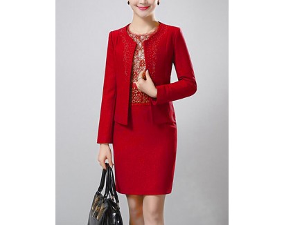 Women's Party/Cocktail / Plus Size Simple Sheath Dress,Jacquard Round Neck Above Knee Long Sleeve Red Polyester Fall Mid Rise