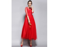 Women's Party/Cocktail Vintage A Line Dress Round Neck Maxi Long Sleeve Red / White Polyester All Seasons