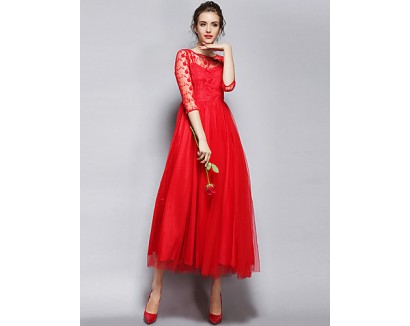 Women's Party/Cocktail Vintage A Line Dress Round Neck Maxi Long Sleeve Red / White Polyester All Seasons