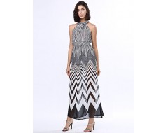 Women's Black & White Stripes Sexy Sleeveless Maxi Dress