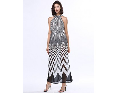 Women's Black & White Stripes Sexy Sleeveless Maxi Dress