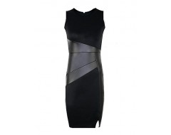 Women's Work Sheath Dress,Patchwork Round Neck Knee-length Sleeveless Black PU / Cotton / Others Spring / Summer / Fall