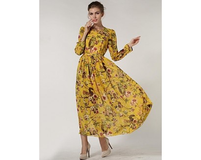 Women's Casual/Daily Swing Dress,Floral Crew Neck Maxi Long Sleeve Red / Yellow Polyester Spring