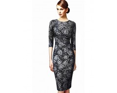 Women's Party/Cocktail Plus Size Dress,Floral Round Neck Knee-length ? Length Sleeve Black Cotton / Polyester All Seasons