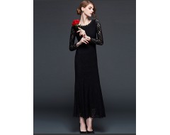 Women's Sexy Lace Halter Hollowing Round Neck Long Sleeve Party Cocktail Long Dress