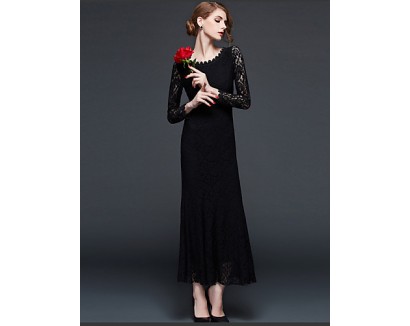 Women's Sexy Lace Halter Hollowing Round Neck Long Sleeve Party Cocktail Long Dress