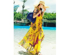 Beach Swing Dress,Print Maxi Sleeveless Yellow Summer Inelastic Thin