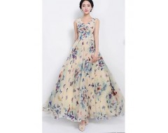 Women's Butterfly Print Beige Dress, Vintage/Print/Maxi U Neck Sleeveless Swing