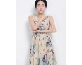 Women's Butterfly Print Beige Dress, Vintage/Print/Maxi U Neck Sleeveless Swing