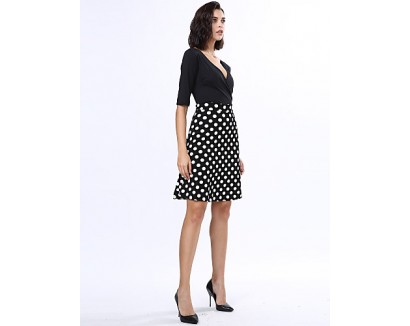 Women's Casual/Daily Plus Size Dress,Solid / Polka Dot V Neck Knee-length ? Length Sleeve Black Polyester Fall