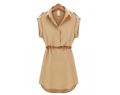 Women's Casual Solid Shirt Collar Short Sleeve Mini Belted Chiffon Dress