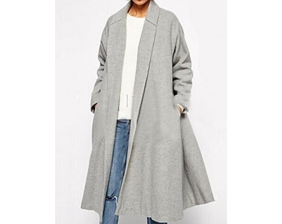 Women's Coat,Solid Shirt Collar Long Sleeve Winter Gray Wool Opaque