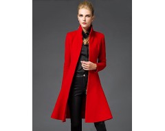 Women's Going out Sophisticated Coat,Solid Stand Long Sleeve Winter Red / Black Wool Medium