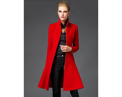 Women's Going out Sophisticated Coat,Solid Stand Long Sleeve Winter Red / Black Wool Medium