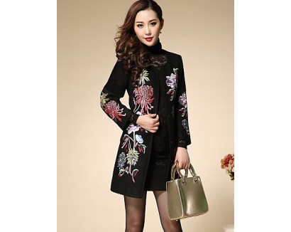 Boutique SWomen's Plus Size / Going out Chinoiserie Coat,Solid / Embroidered Round Neck Long Sleeve