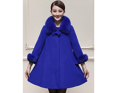 Women's Plus Size / Casual/Daily Simple Coat,Solid Round Neck Long Sleeve Winter Blue / Yellow Wool / Faux Fur Thick