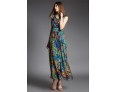 Going out Street chic Sheath Dress,Print V Neck Maxi Sleeveless Blue Silk Summer High Rise