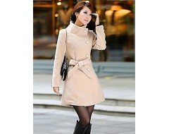 Women's Vintage / Cute Trench Coat,Solid Long Sleeve All Seasons Beige / Black / Gray Wool Medium