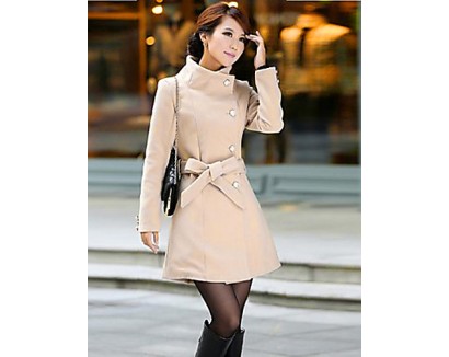 Women's Vintage / Cute Trench Coat,Solid Long Sleeve All Seasons Beige / Black / Gray Wool Medium