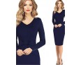 Women's Vintage Blue/Gray/Purple V Neck Midi Dress, Cotton Blends Knee-length Long Sleeve