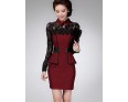 Women's Patchwork Red / Gray Lace Hin Thin Slim Temperament Dress , Work / Plus Sizes Shirt Collar Long Sleeve