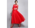 Women's Party/Cocktail Vintage A Line Dress Round Neck Maxi Long Sleeve Red / White Polyester All Seasons