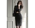 Women's Going out / Work Sophisticated Sheath / Lace / Black and White Dress,Solid Stand Knee-length Long Sleeve White / BlackCotton /