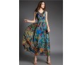 Going out Street chic Sheath Dress,Print V Neck Maxi Sleeveless Blue Silk Summer High Rise