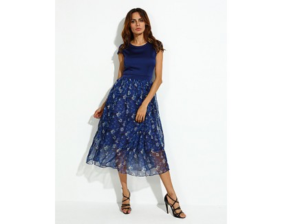 Women's Casual/Daily / Plus Size Vintage Swing Dress,Floral Boat Neck Maxi Short Sleeve Blue Silk Summer High Rise Micro-elastic Thin